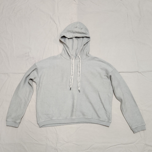 Aerie Womens Sage Pale Green Ribbed Cropped Hooded Pullover Sweatshirt - Picture 2 of 6